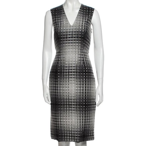 Marco de Vincenzo -- Gray Plaid Virgin Wool Over Metallic Lined Sheath Dress - Picture 2 of 15